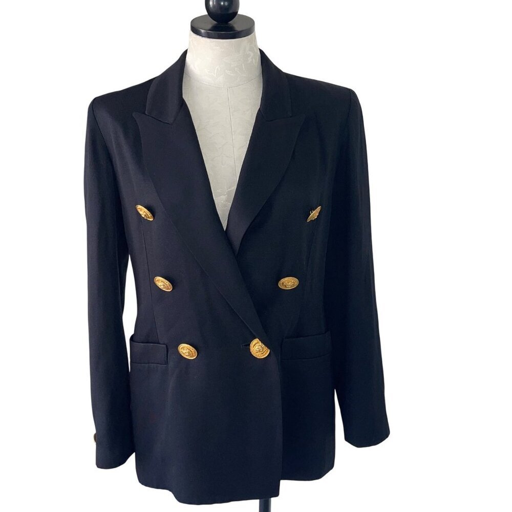 Lillie Rubin Vintage Womens Blazer Size 8 Blue Lion Button Pockets Casual